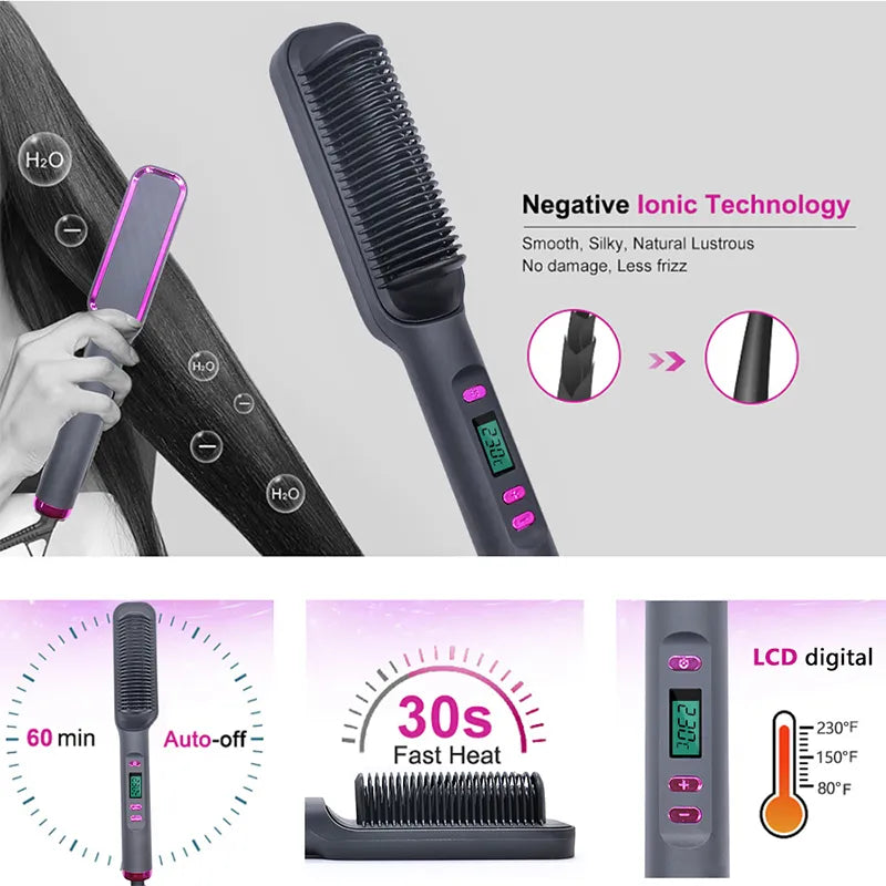 3 in 1 Hair Straightening Styling Brush with Negative Ions