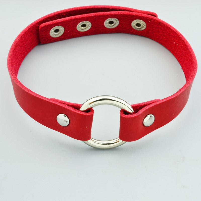 Round Ring Leather Choker - Red - Chokaholics